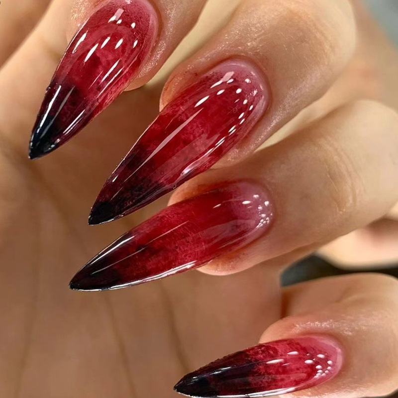 Halloween Long-Pointed Nails, Bright Oily and Blood-Dyed Halloween Elements, Fake Nails, Finished Products, Wholesale Wearable Nails, Holiday Manicure