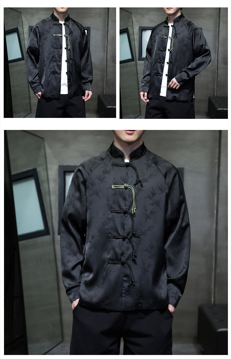 Black Hole Scenery Spring/Summer New Product Chinese Style Bamboo Leaf Silk Jacquard Long sleeved Shirt Button Standing_vogarts.com