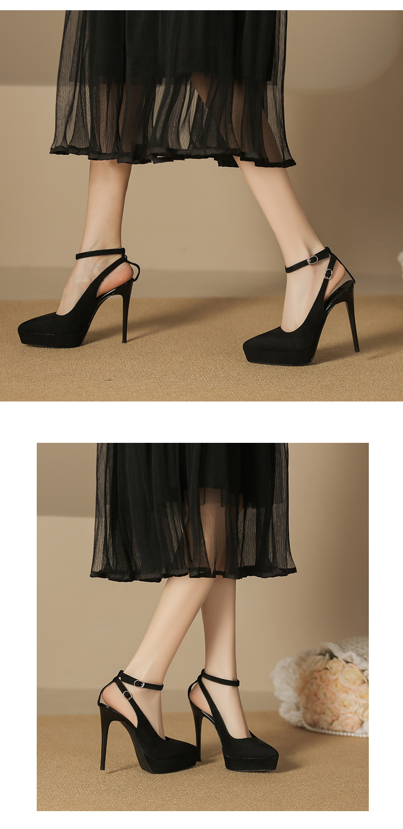 Giày cao gót nữ mũi nhọn da lộn, gót 10 cm, đế chống thấm nước — Satin đen-10cm chi tiết 5