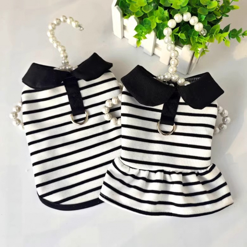 Pet Dog Clothes Spring and Summer Thin Stripesd T-Shirt Breathable Polo Shirt Pomeranian Small Puppy Clothes Couple