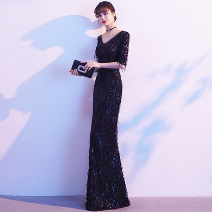 Party V-Neck Evening Dress Women's Erotic Queen's New Sexy Stretch Fishtail Black Long Party Sleeve Long Dress