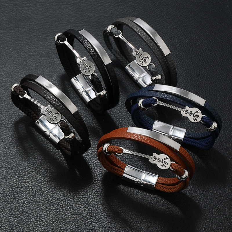 25g Weight Original Design Guitar Alloy Leather Men'S Wristband Men Cord & Leather Bracelets
