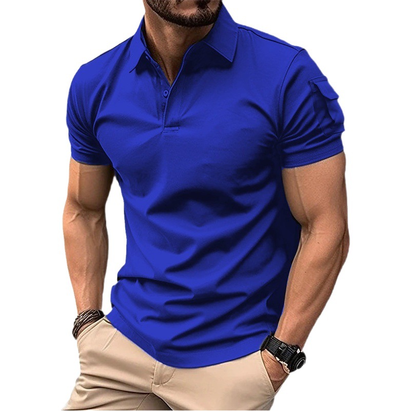 Venta rápida de verano transfronterizo europeo y americano Amazon Camisa Polo de botón de solapa para hombre Camisa de polo deportiva de bolsillo de brazo