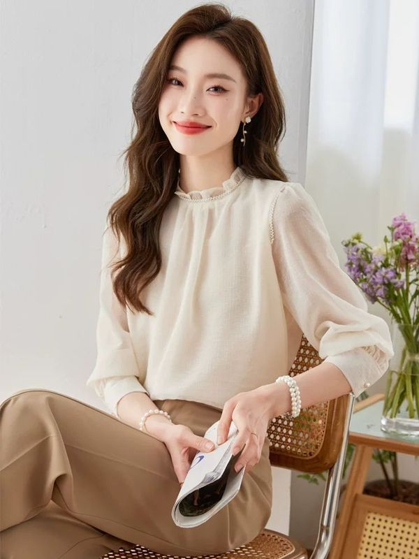 法式感气质雪纺上衣女春秋新款小个子小衫长袖别致白衬衫|undefined