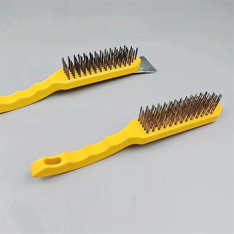 Cepillo de alambre con espátula Cepillo de alambre con mango de plástico amarillo Cepillo de alambre de acero pulido y limpieza Cepillo de alambre de acero industrial Cepillo de alambre de acero con mango de plástico
