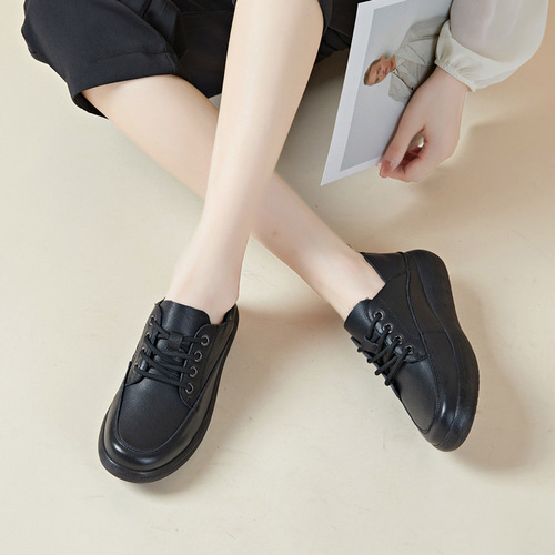 Beef tendon sole genuine leather spring new mother's shoes women's lace-up shoes soft and versatile black work shoes pure leather women's shoes