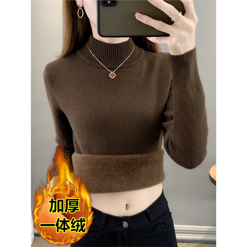 Autumn and Winter Thickened Women's Fleece Sweater with Integrated Fleece, Plus-Size Half-High Collar Pullover Base Knit Warm Top