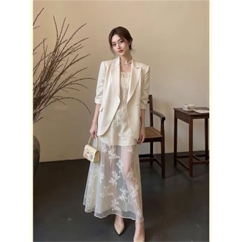 French High-End Socialite Style Suit Jacket Suspender White Dress Suit Women's Spring Mature Two-Piece Set