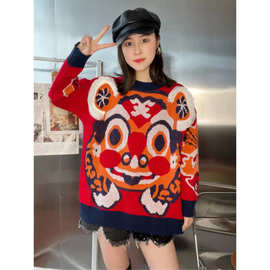 韩版炸街加厚秋冬装虎虎生威红色虎头毛衣针织衫上衣