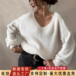 欧美跨境女士纯色V领套头衫落肩设计时尚舒适女士毛衣宽松型长袖