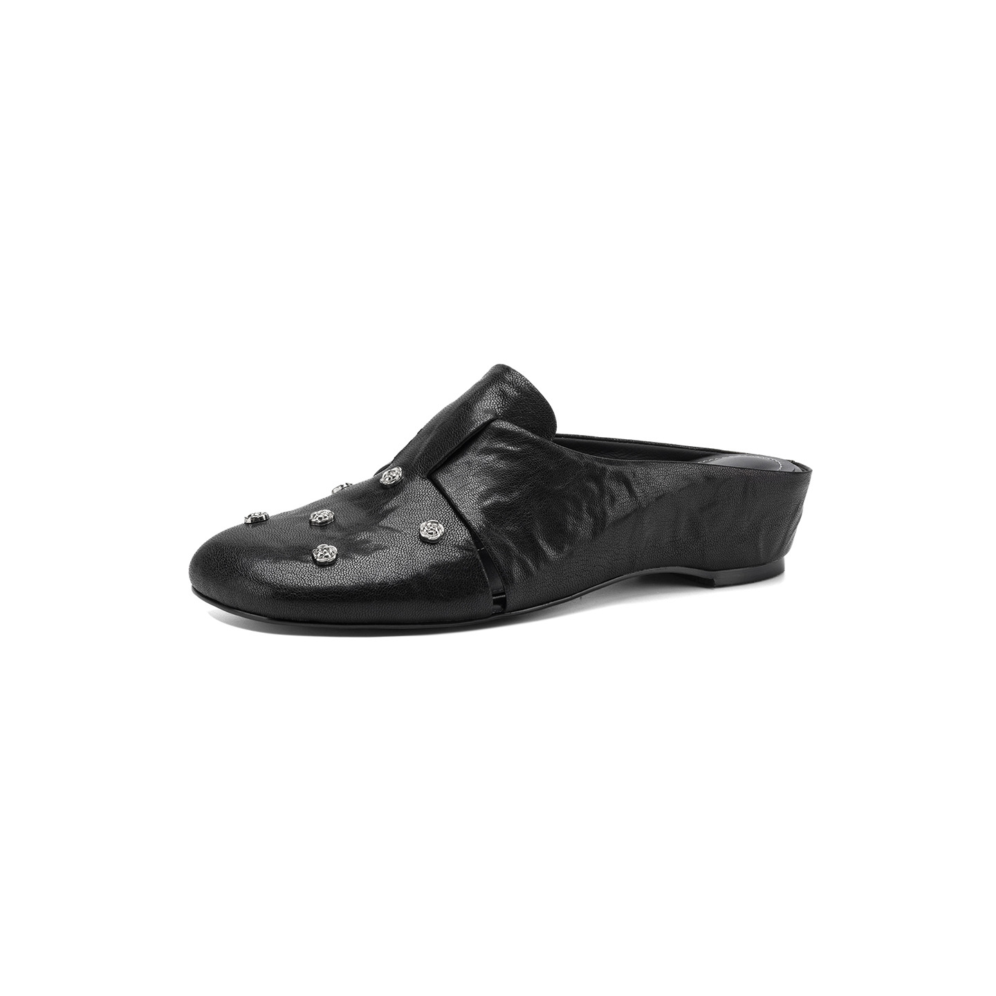 Dép sandal nữ quai chữ V mũi hoa bọc đầu, gót thấp 4 cm, da cừu thời trang — đen chi tiết 24