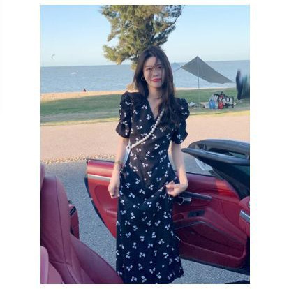 French Classy First Love Sweet Elegant Tea Break Long Skirt Retro Style Black Floral Dress Women's Vacation Summer Dress