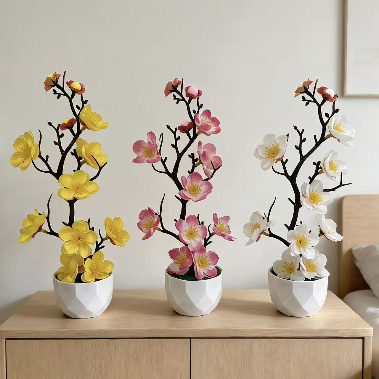 Cross-Border Diamond Pot Wintersweet Bonsai New Year and Spring Festival Decoration Simulated Plum Blossom Potted Plant Home Living Room Fake Flower Ornaments