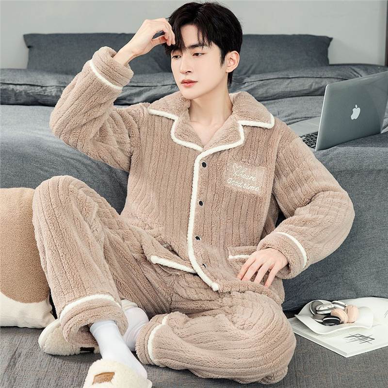 Pijama de lujo ligero de hombre engrosado de franela calentamiento conjunto coreano de mangas largas cardigan coral ropa para el hogar grande otoño