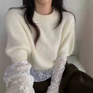 软糯绵羊毛拉毛软糯短款羊毛叠穿圆领短袖针织衫女露腰毛衣上衣