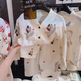 A类品质纯棉儿童睡衣男童女童春秋宝宝双层棉纱家居服套装卡通风T