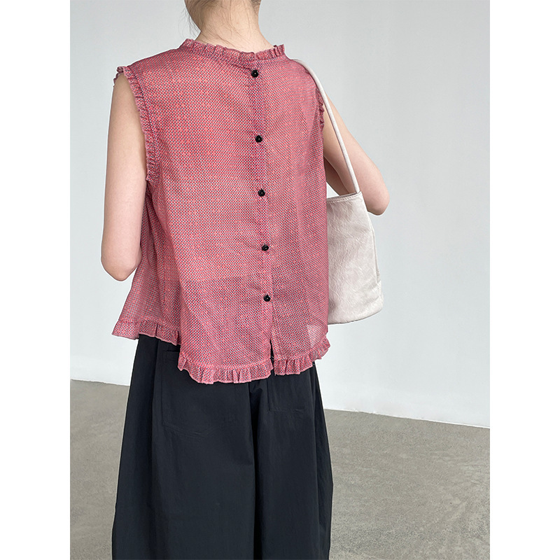 Taochuan 26 New Summer Style Lace Sleeveless Blouse for Women with Ruffled Collar and Back Buttons, Loose and Breathable Top M8791