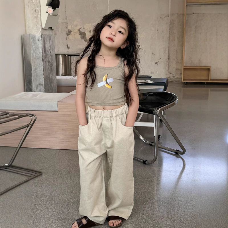 Hemerocallis Sauce Knitted Children's Large Elastic Solid Color Sleeveless T-Shirt Girls' I-Shaped No Anxiety Vest Short Hemerocallis Sauce Knitted Children's Large Elastic Solid Color Sleeveless T-Shirt Girls' I-Shaped No Anxiety Vest Short