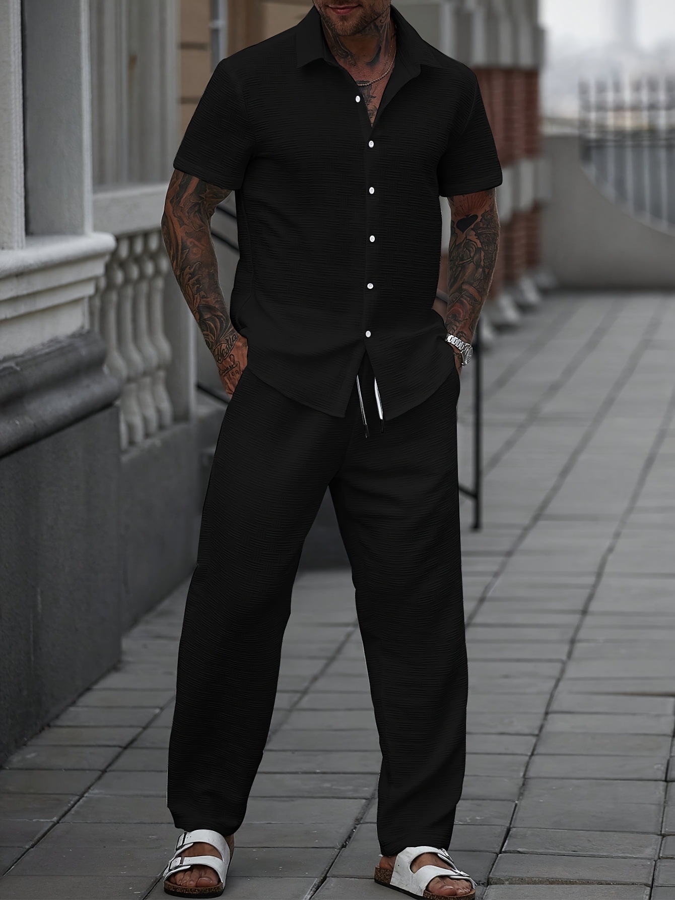 Men's Solid Color Summer Casual Set Single-Breasted Short Sleeve Shirt And Pants Outfit_viptrois.com