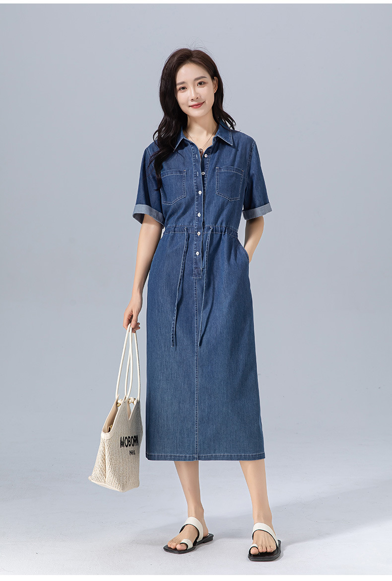 Váy liền dáng dài polo cotton thắt eo dây rút tay ngắn mùa hè — Màu xanh lam chi tiết 20