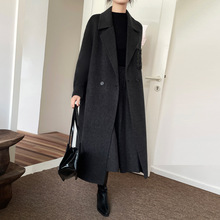 2024秋冬新款骆驼绒桑蚕丝大衣长款A字版韩系螺纹袖简约毛呢外套