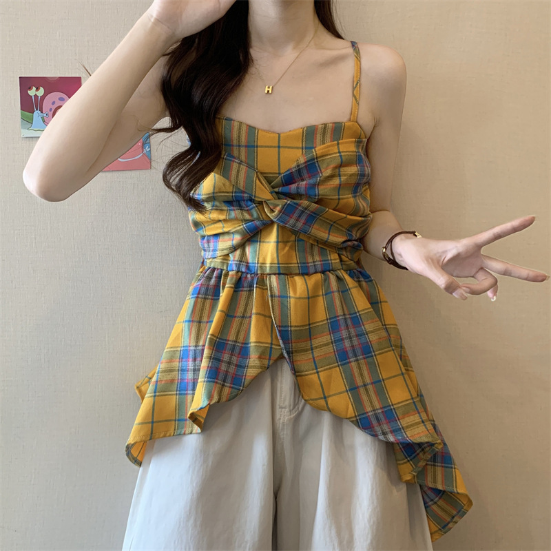 [Original Style] American Retro Pure Desire Plaid Camisole for Outerwear Dopamine Slim Sweet Hot Girl Top