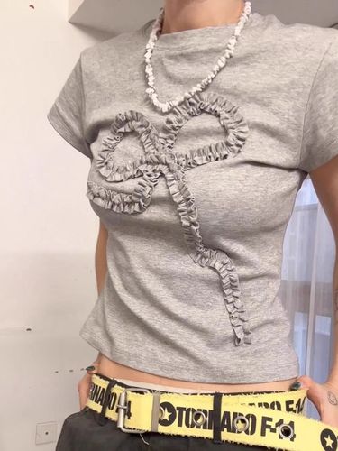 【210g 40 pieces pure cotton】Regular shoulder short-sleeved women's pleated bow tie round neck T-shirt slim-fit short top