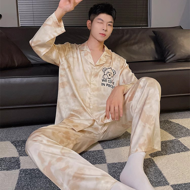 Men's Pajamas for Spring and Autumn, Ice Silk Long-Sleeve 2024 Silk Men's Set, Loungewear Suitable for Home and Outdoor Casual Wear