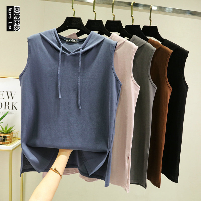 Loose hooded vest women's summer thin sleeveless T-shirt inner two sides split bottoming shirt versatile plus size top