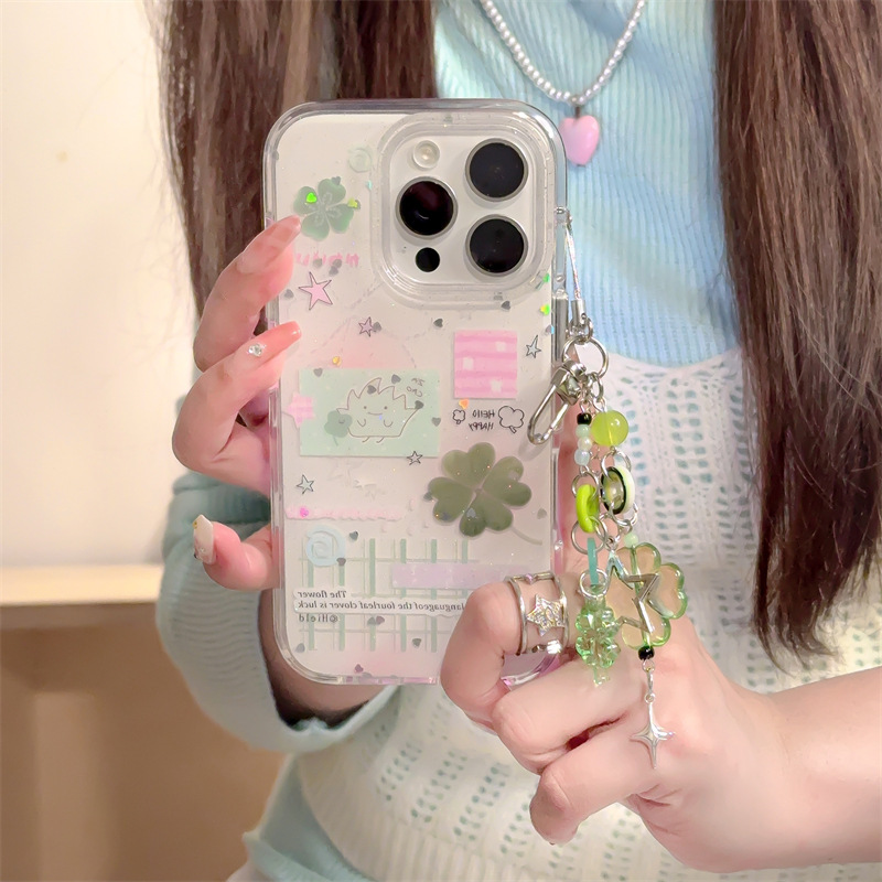 Heart-Shaped Glitter Four-Leaf Clover Stickers Suitable for iPhone 17 Pro Max, Apple 16 Round Edge, 15 Phone Case, 13/14