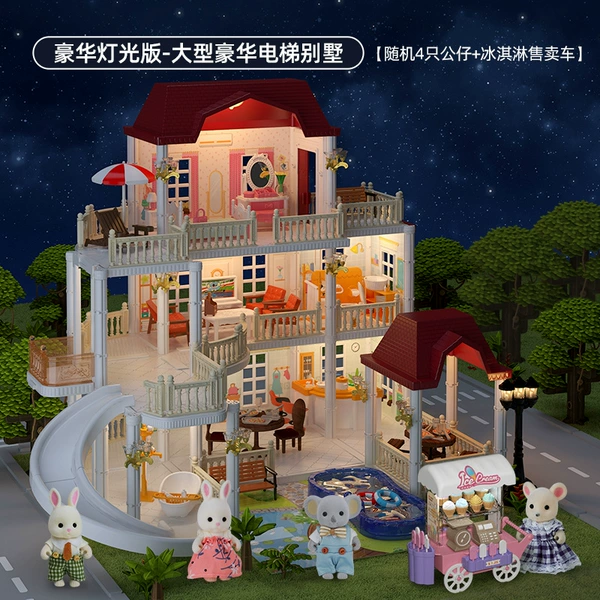 Deluxe Lighting Edition - Large Deluxe Elevator Villa [1 street light + 3 ceiling lights + 4 dolls + ice cream sales car]