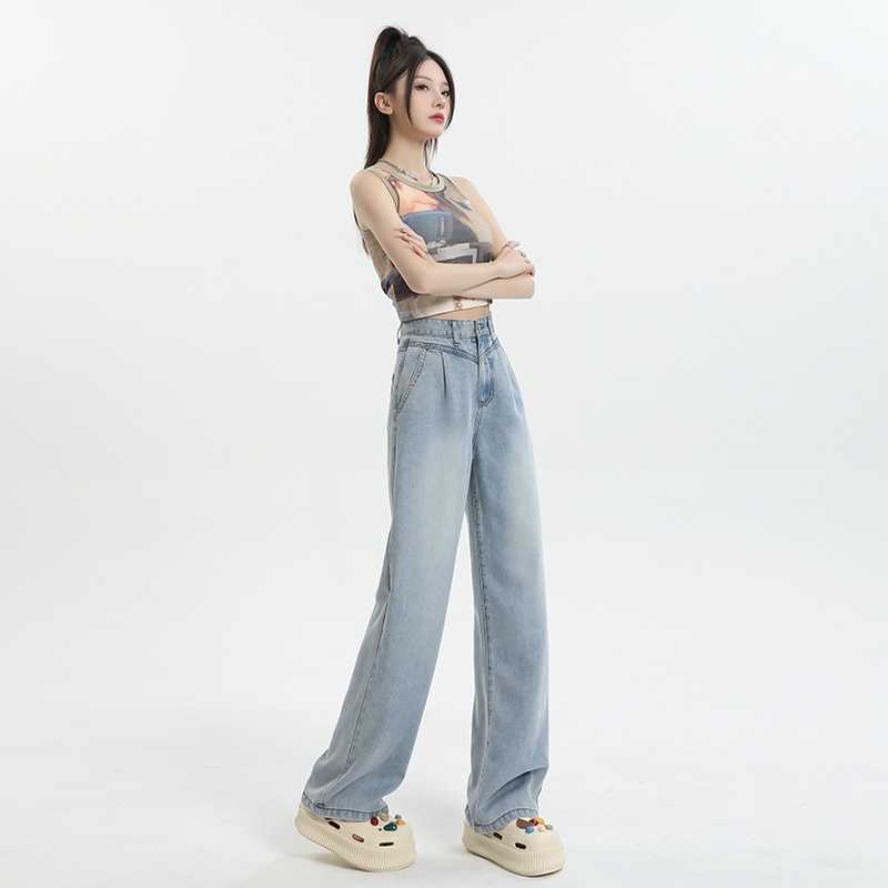 代発卸売り黒天糸ジーンズ女性夏の薄い腰の垂れ下がった感がゆるいストレートパンツ|undefined