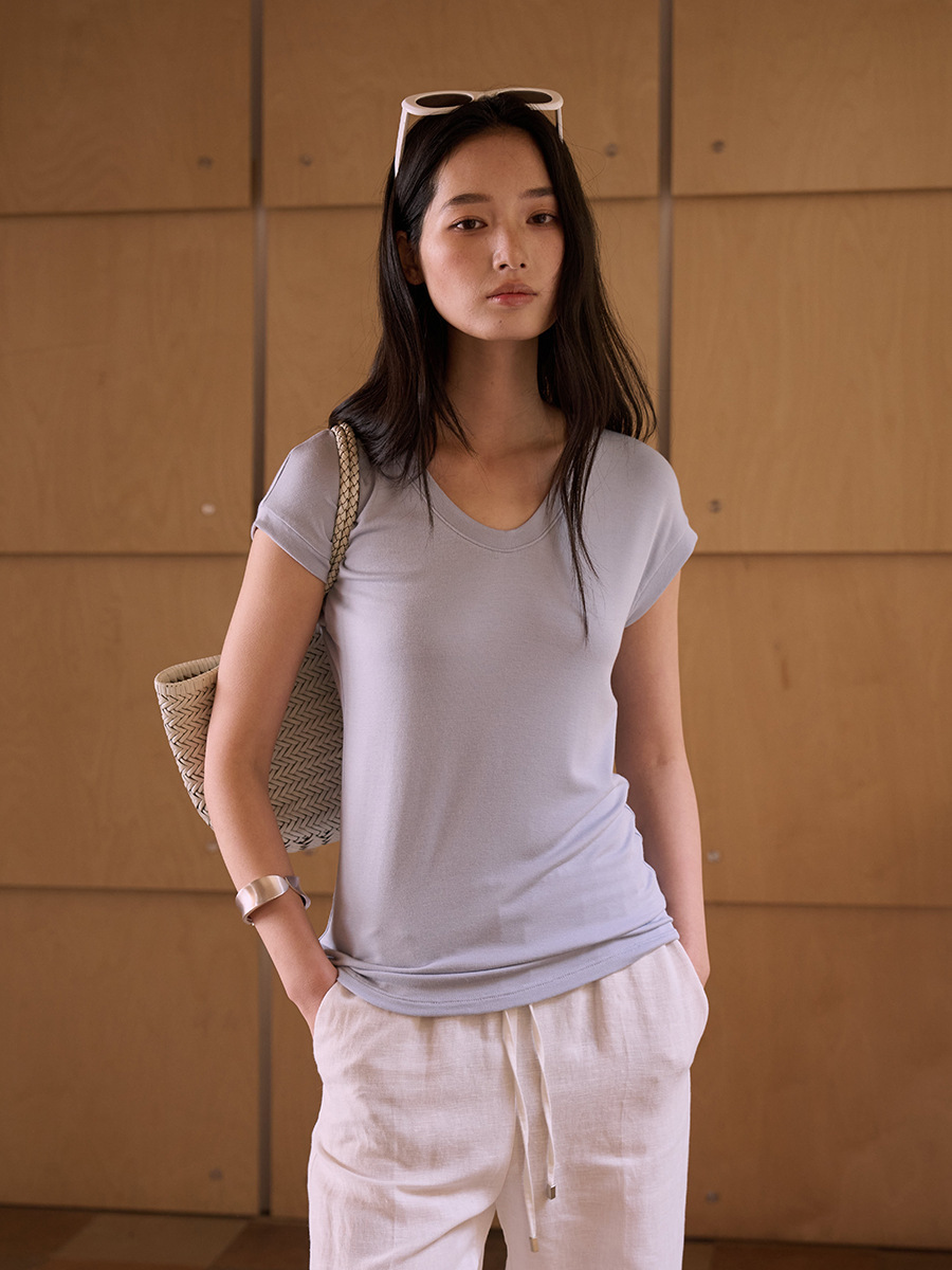 Dai Jia Wen Summer Silk Wool Short-Sleeve T-Shirt for Women, Tencel Modal, Flattering for Round Faces, Slim Fit, Drop Shoulder Top