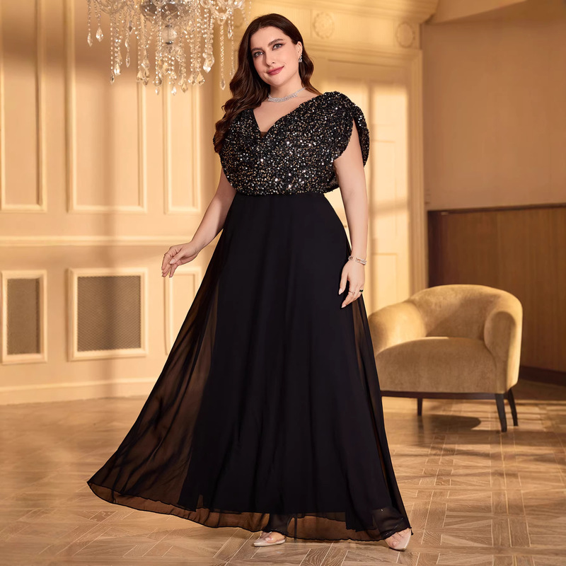 Cross-Border European and American Style V-Neck Black Sequined Plus-Size Evening Gown for Banquets, Parties, and Weddings, Long Dress with Elegant and Graceful Temperament