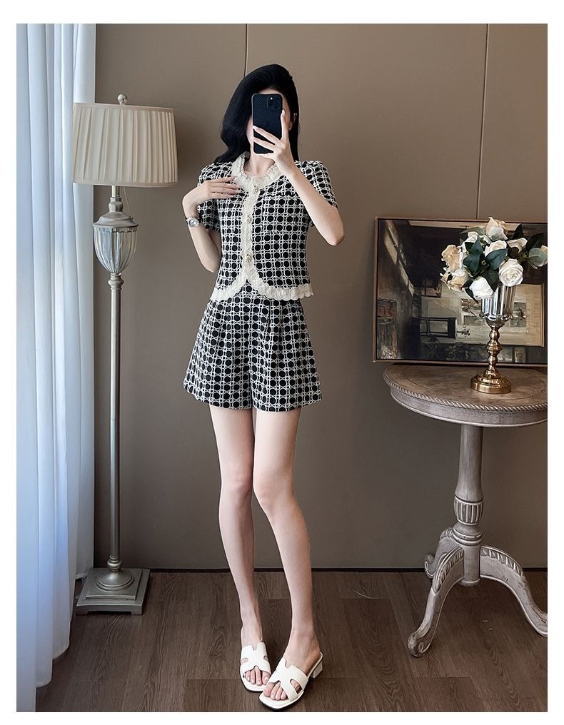 Bộ quần short nữ mùa hè phong cách tiểu hương phong 2 món — Trang phục màu đen chi tiết 10