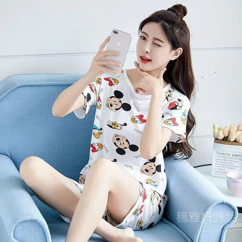 外贸pajamas跨境工厂直销短袖睡衣家居服女夏家居服卡通短裤套装|undefined