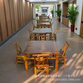 实木仿古八仙桌老榆木简约米线店餐桌饭店农家乐吃饭桌椅火锅桌椅