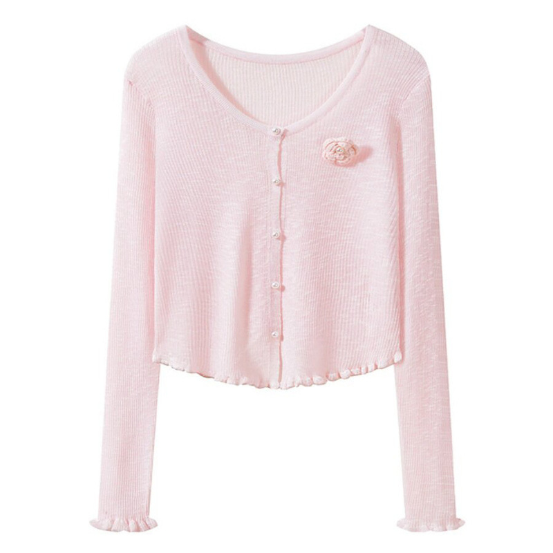 Three-Dimensional Floral Ruffled Knit Cardigan for Women, Summer Thin V-Neck Ice Silk Sun Protection Outerwear with Small Cape