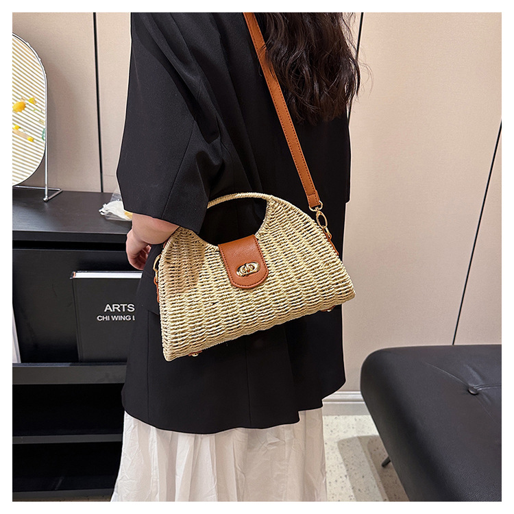 Straw Bag Bags Type Holiday Occasion Straw Material Women'S Small Straw Solid Color Vacation Lock Clasp Straw Bag
