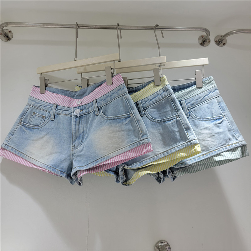 Pantalones Cortos de Mezclilla para Mujer de Mezclilla, Diseño Empalmado, Bolsillos
