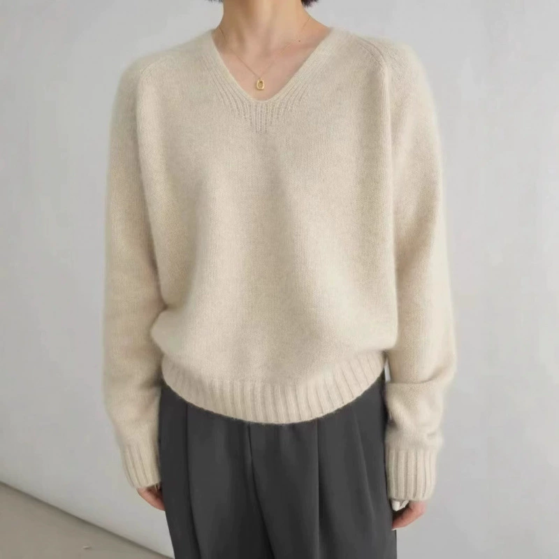 Осенний и зимний V-образный свитер 100 шерстяной свитер с длинными рукавами свитер женский свободный тонкий кашемировый сплошной цвет повседневный вязаный нижний свитер