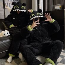 冬季三层夹棉情侣连帽睡衣女加厚保暖珊瑚绒男士可外穿家居服套装