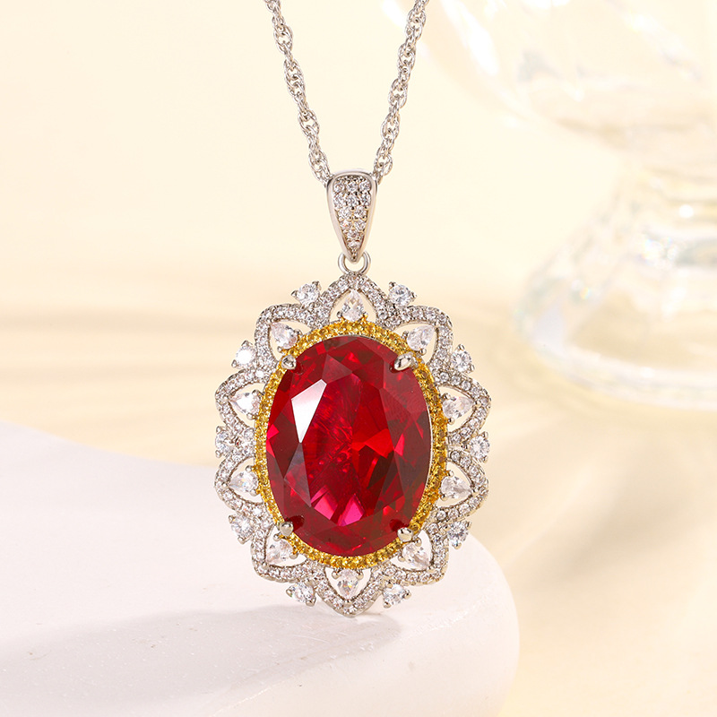 2024 nueva joyería Zhuang Shengsheng fondo de cobre chapado en oro simulación corindón rojo cristal puntiagudo azul colgante de lujo ligero 15*20