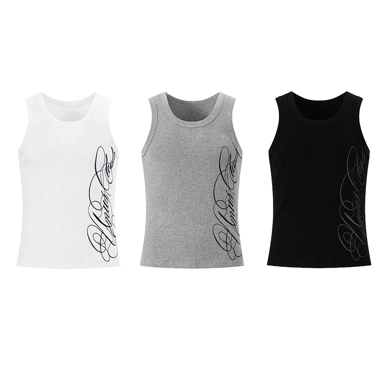T1287 American high street style solid color fitness sports sleeveless printed design men's tight-fitting summer T-shirt vest