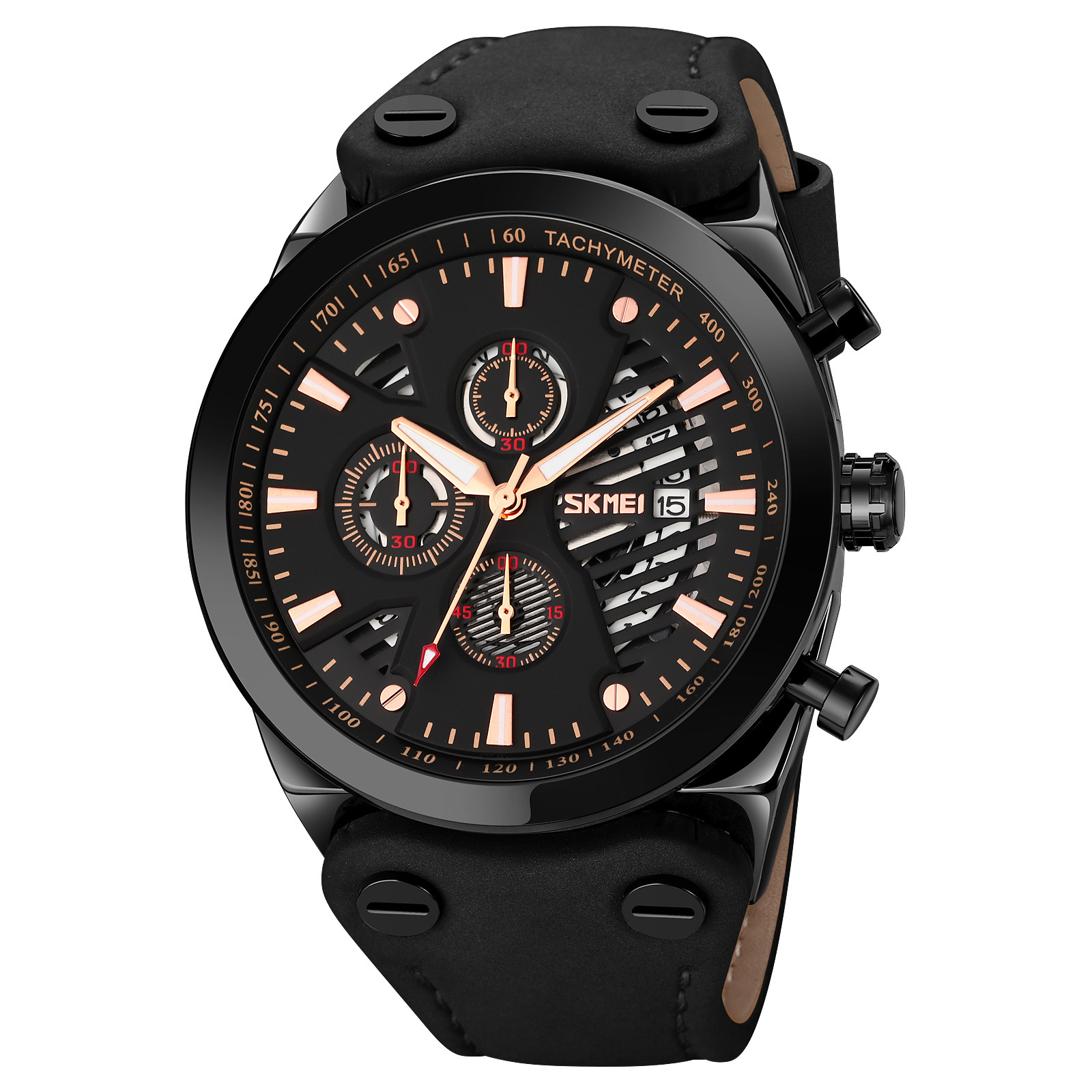 Momentos de moda retro hombres cronógrafo de cuarzo correa de cuero esfera hueca calendario reloj de pulsera de negocios transfronterizos relojes de hombre