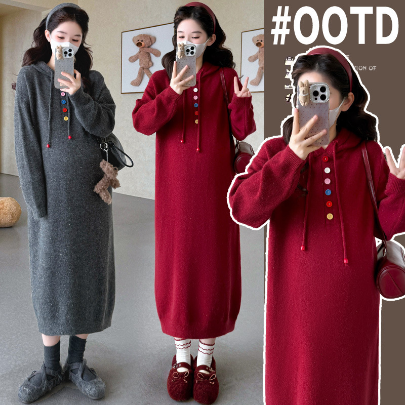Maternity Fall/Winter Thickened Sweater Dress 2025 New Hooded Red Dress Christmas New Year Base Dress Maternity Fall/Winter Thickened Sweater Dress 2025 New Hooded Red Dress Christmas New Year Base Dress