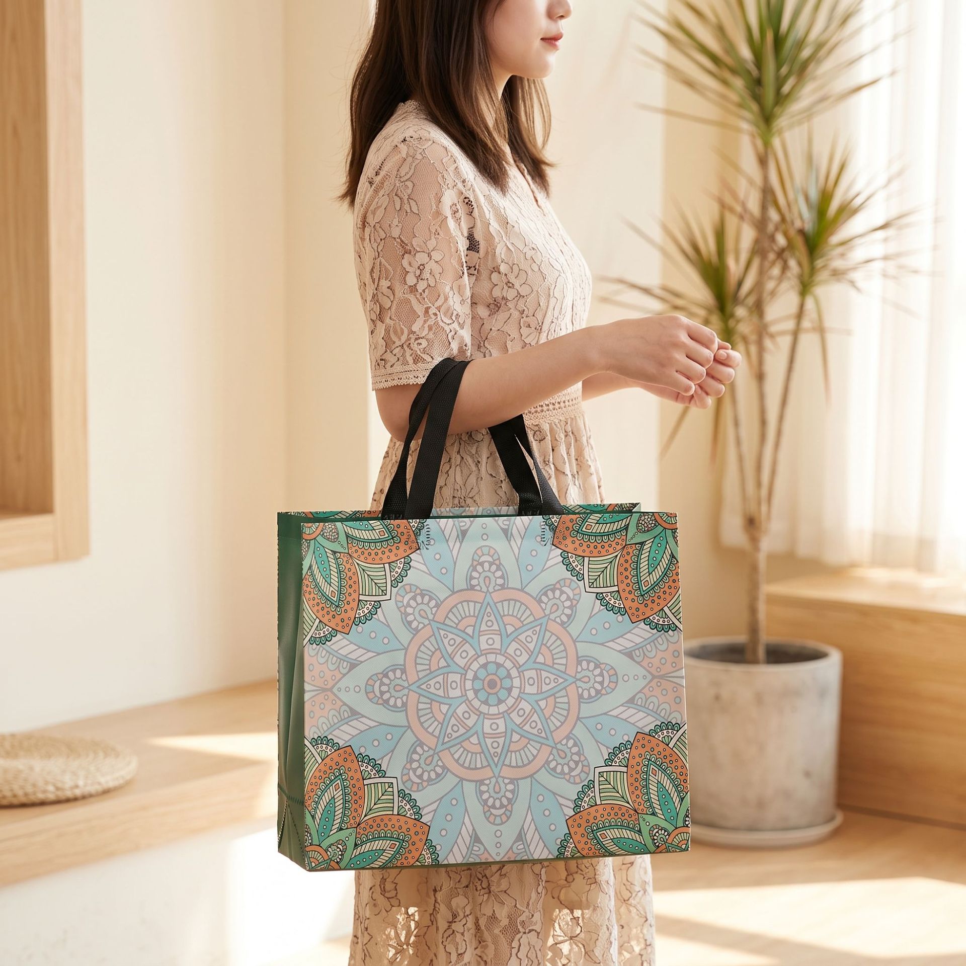 Bolsas de regalo de patrón retro engrosadas tiendas de ropa bolsas de mano no tejidas revestidas logotipo personalizado image 5