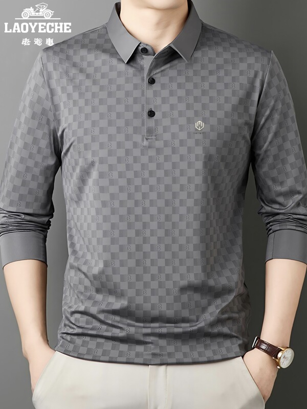 Vintage Car 2025 Autumn New Men's Silk Turn-Down Collar Polo Shirt, Loose Long Sleeve T-Shirt for Middle-Aged Men