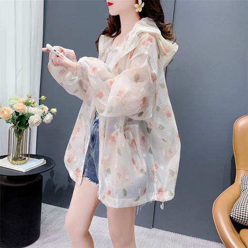 Women's Zipper Open Top Summer 2025 Relaxed Style Printed Design Hooded Sun Protection Long Sleeve Jacket