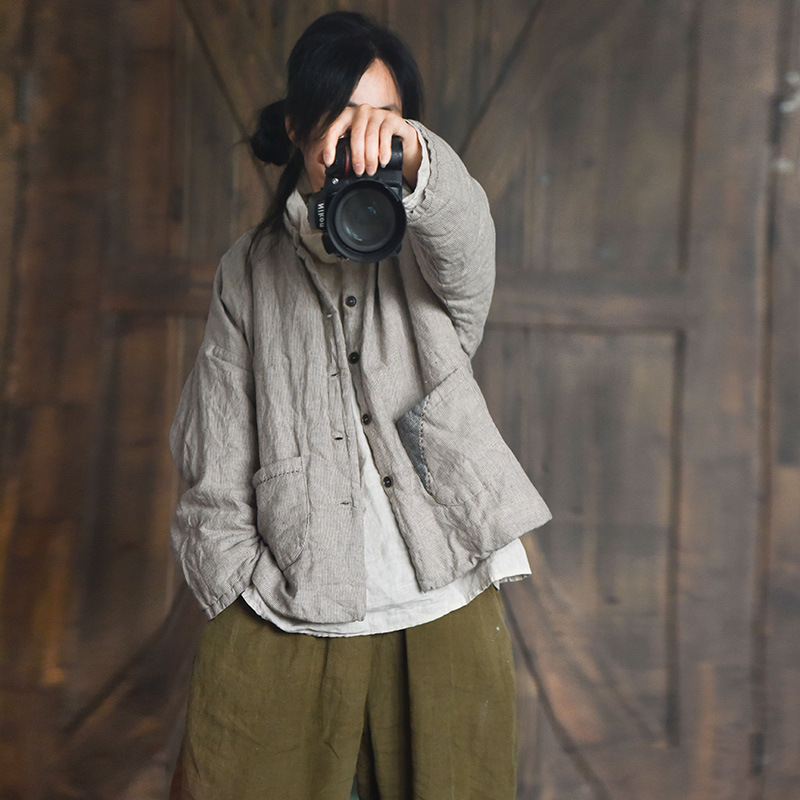 4110オリジナル自家製色織りストライプリネン中国風盤バックルコットンショートコート国風レトロレディース綿入れ